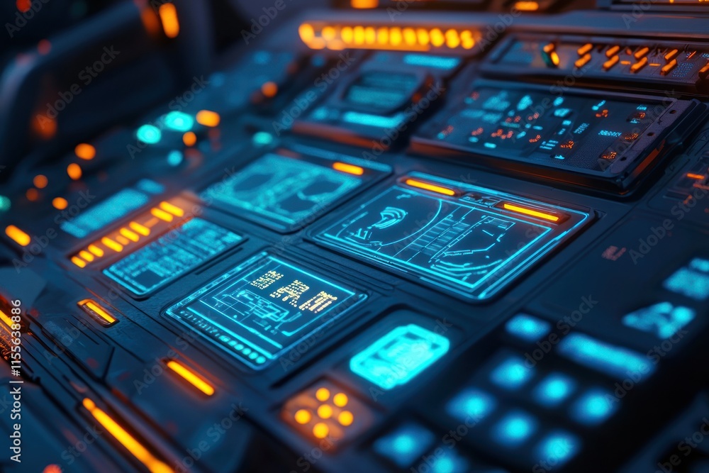 Poster Futuristic spaceship control panel with glowing blue and orange digital displays and buttons.