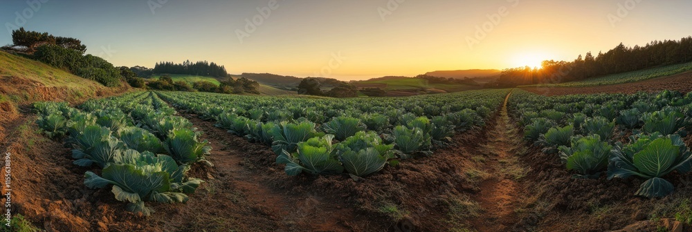 Poster panoramic sunset view of a vast cabbage field on a farm.