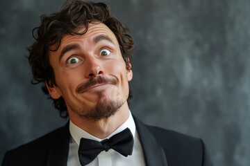 Man in formal attire making a funny face while sitting against a yellow background