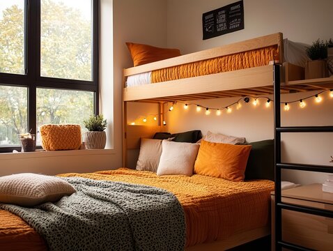 Small dorm room with comfy bunk beds, colorful bedding, and soft lighting
