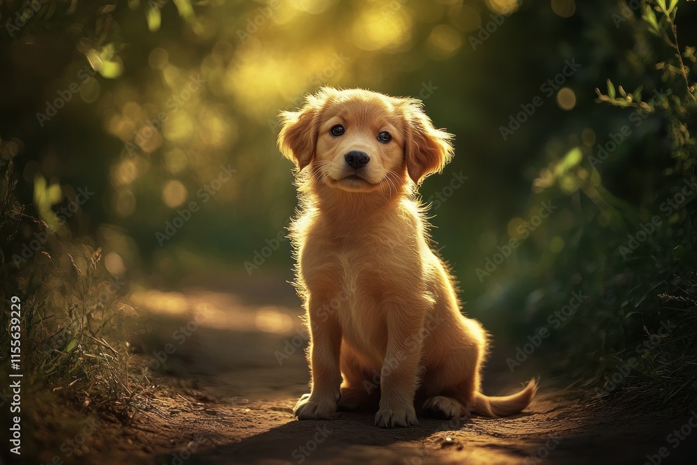 Poster adorable golden retriever puppy sitting on a path in a sunlit forest.