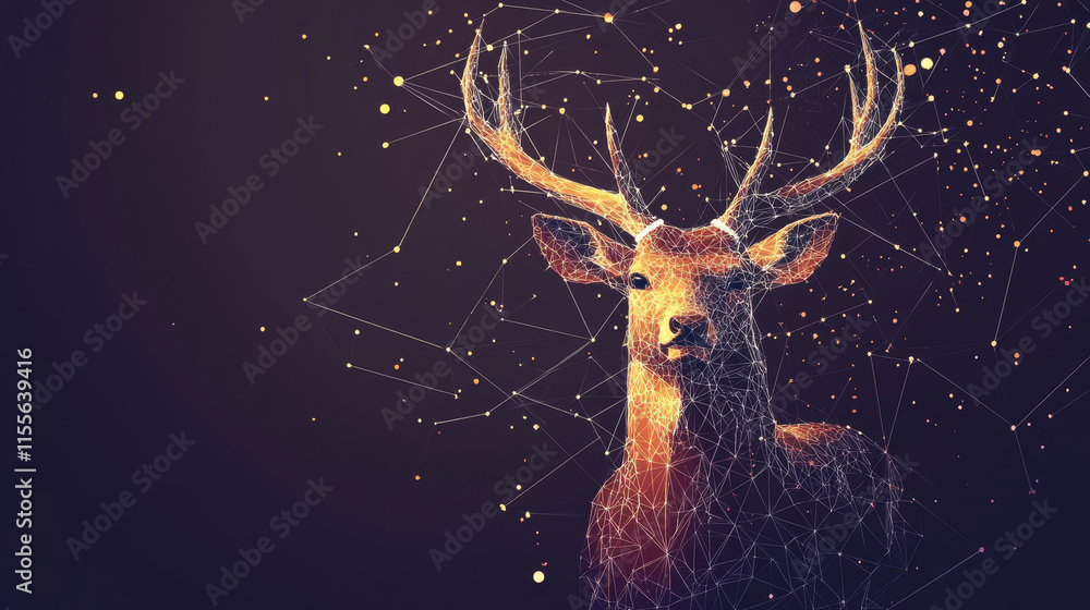 Poster hologram deer. deer made of polygons, triangles, dots, and lines. low-poly deer structure of connect