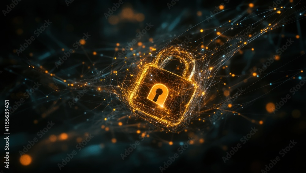 Poster Glowing padlock icon surrounded by digital particles, representing cybersecurity and data protection.
