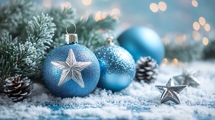 A Christmas scene with blue tones and a layer of freshly fallen snow