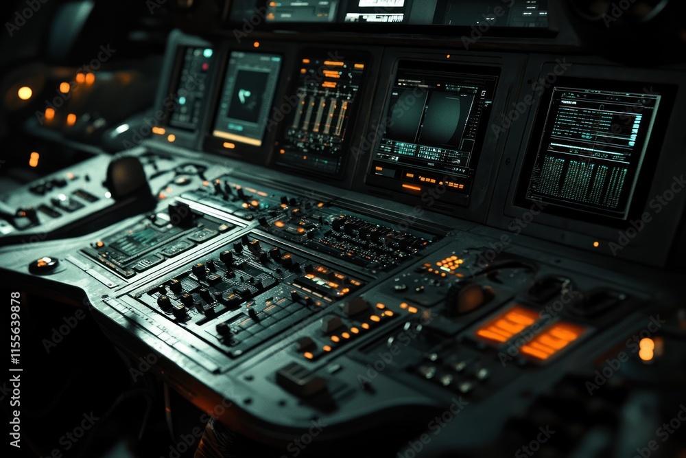 Poster Futuristic aircraft cockpit control panel with illuminated buttons and monitors at night.