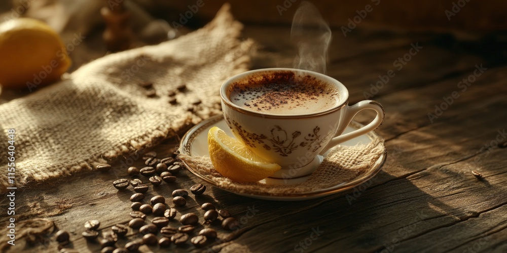 Poster steaming cup of coffee with lemon slice on rustic wooden table.