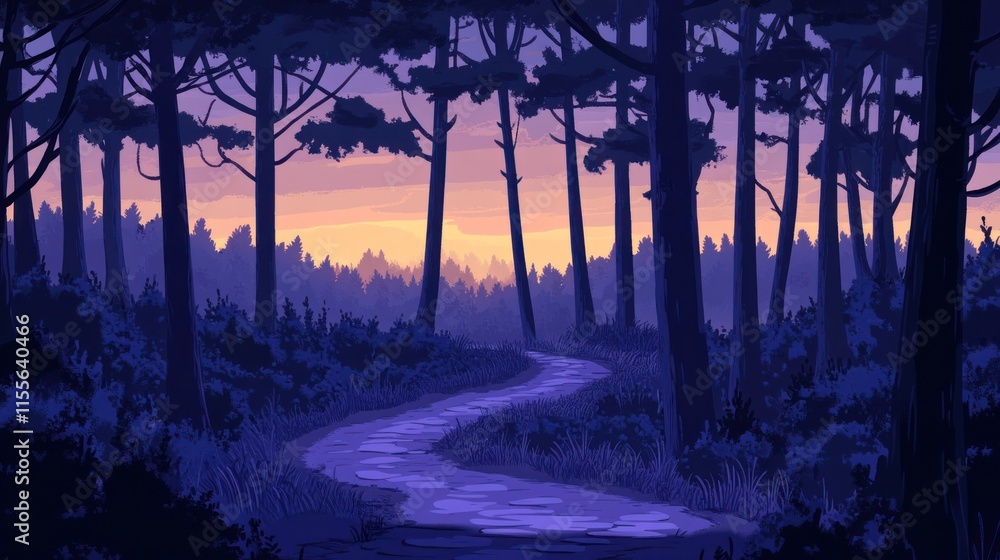 Poster serene sunset view of a winding path through a dark forest with tall pine trees.