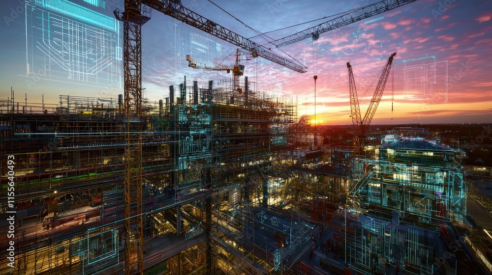 Poster sunset over a large construction site with digital overlay showing progress and planning.
