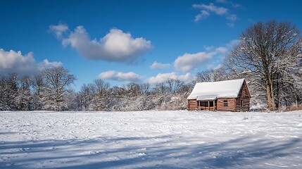 A tranquil winter setting with a snow-dusted cabin under a radiant blue sky