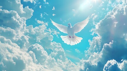 Majestic White Dove Soaring Above Fluffy Clouds Under Bright Blue Sky, Evoking Feelings of Peace, Freedom, and Tranquility in a Beautiful Natural Landscape