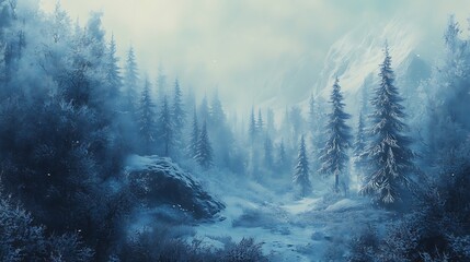 A frosty Christmas background featuring a snowy forest and soft blue hues