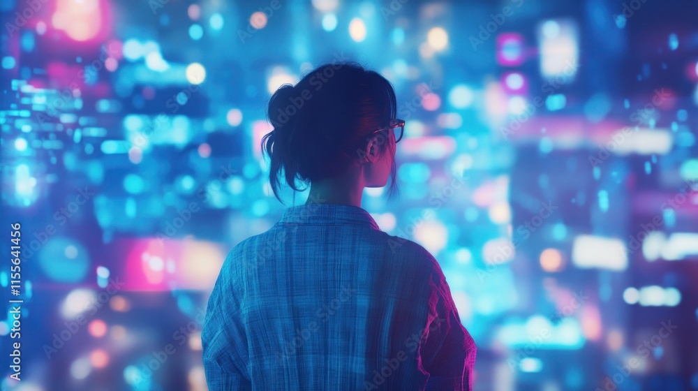 Poster woman viewing futuristic digital data interface.