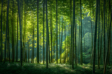 Fototapeta premium Emerald Enclave: A Meditative Walk Through a Bamboo Forest Bathed in Sunlight