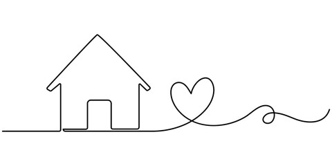Home Sweet Home Continuous Line Icon, Heart inside house continuous one line drawn. Love home concept. Vector illustration isolated on white, Home Sweet Home Continuous Line Icon, Home with heart line