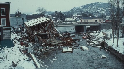 A winter scene shows a collapsed building beside a river, depicting the aftermath of a disaster in a snowy landscape.