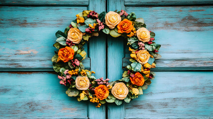Rustic autumnal floral wreath on teal wooden door, perfect for fall or Thanksgiving decorations.