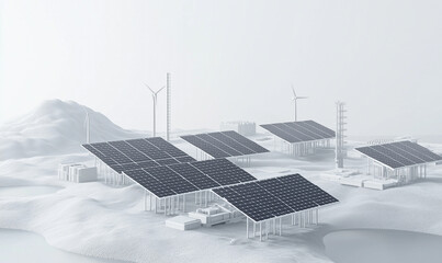 Innovative renewable energy solutions sustainable development site infographic eco-friendly aerial view sustainability green technology environmental policy impact with solar panels and wind turbine