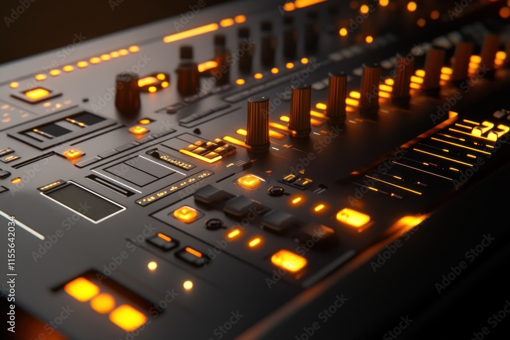Poster Close-up of a futuristic music production console with illuminated controls and buttons.