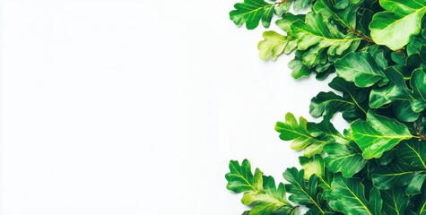 Obraz premium Lush green oak leaves border on white background.