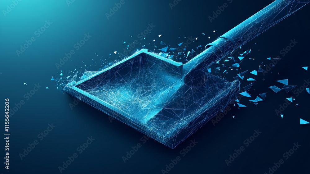 Poster hologram dustpan. dustpan made of polygons, triangles, dots, and lines. low-poly dustpan structure o