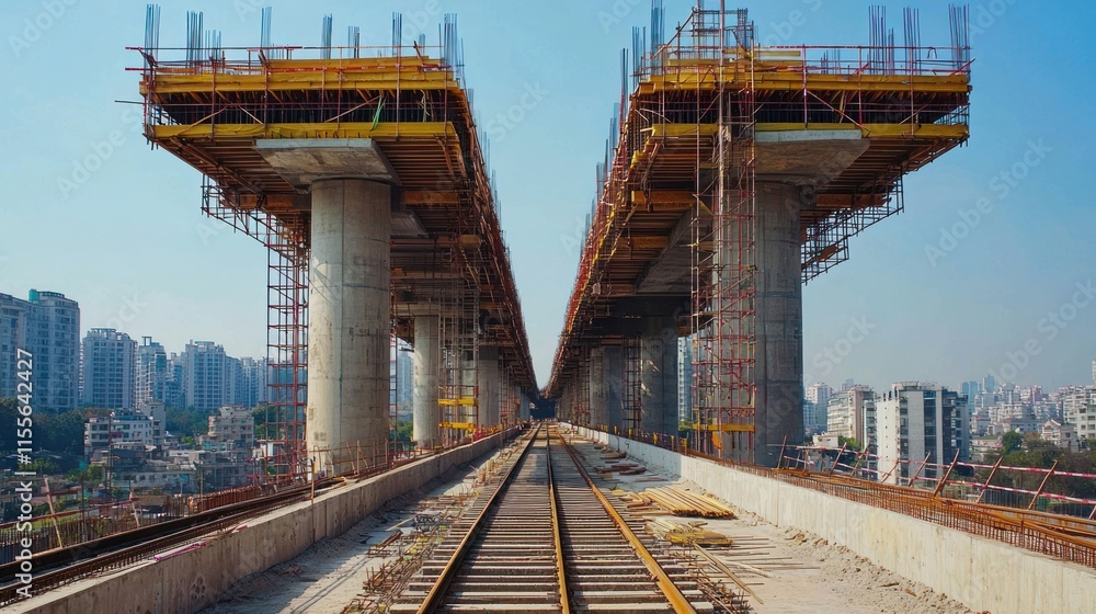Poster elevated railway under construction with scaffolding and concrete pillars.
