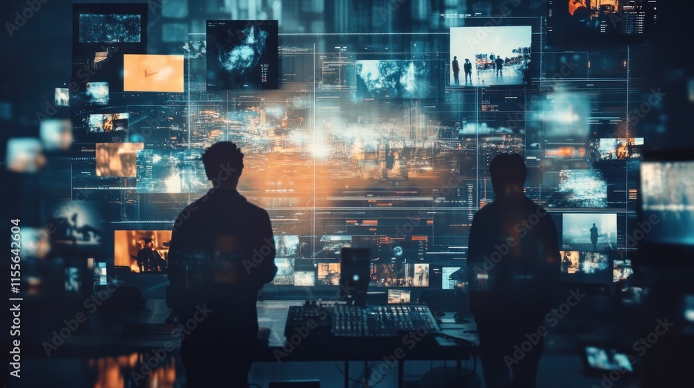 Poster Two technicians monitor numerous screens displaying diverse data streams in a control room.