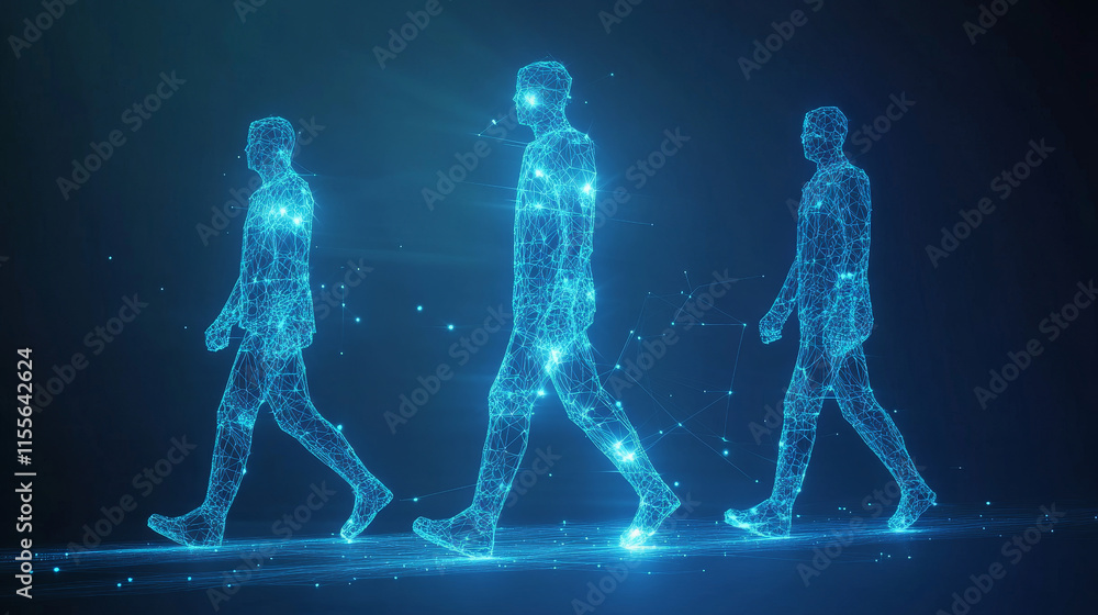 Poster hologram walkers. walkers made of polygons, triangles, dots, and lines. low-poly walkers structure o
