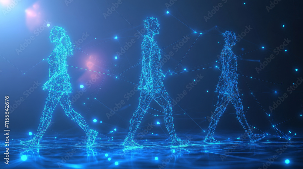 Poster hologram walkers. walkers made of polygons, triangles, dots, and lines. low-poly walkers structure o