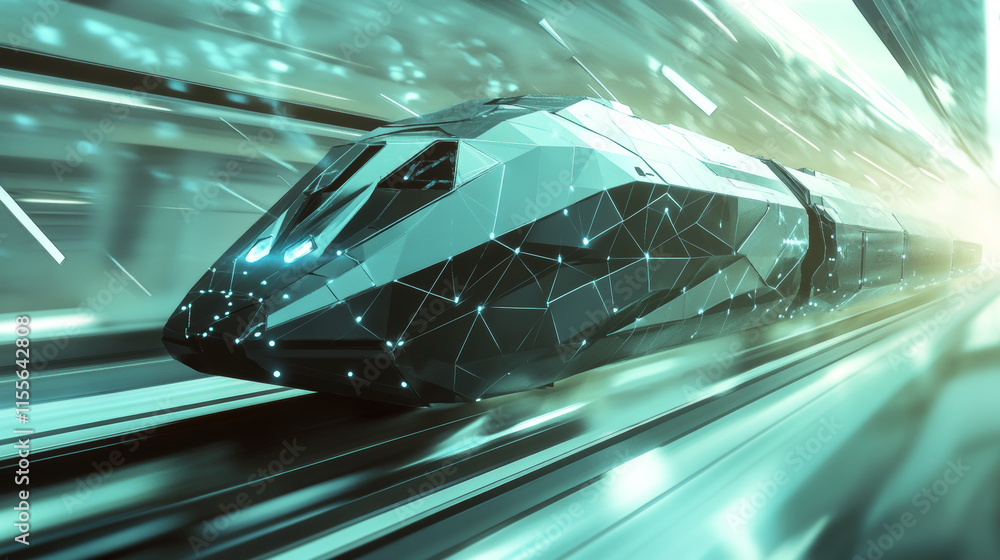 Poster hologram high-speed train. high-speed train made of polygons, triangles, dots, and lines. low-poly h
