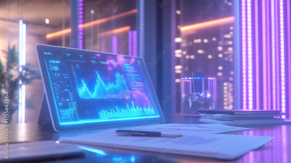 Poster futuristic tablet displaying financial data on a modern desk at night.