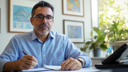 Obraz premium a man in a suit sits at a table with a notepad in his hands, an appointment with a specialist