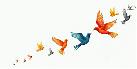 A vibrant flock of colorful birds soars dynamically through the sky, embodying freedom and the beauty of nature.