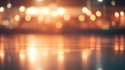 Abstract blurred city night lights reflected on wet ground.