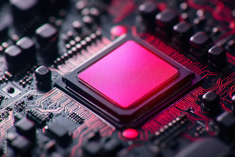 Poster this close-up showcases an electronic circuit board featuring a pink cpu with intricate details. gen
