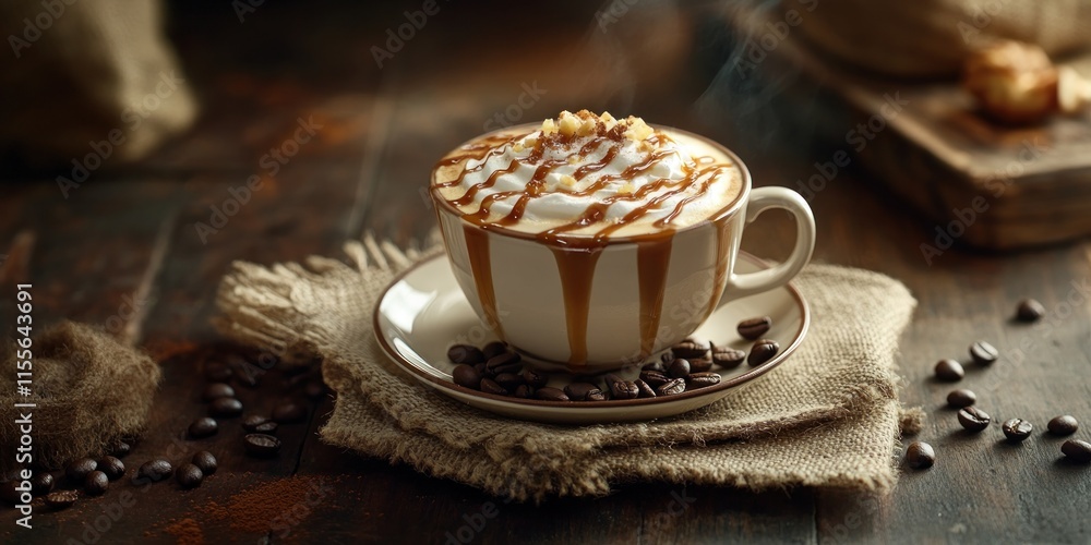 Poster steaming cup of caramel coffee with whipped cream and nuts on rustic wooden table.