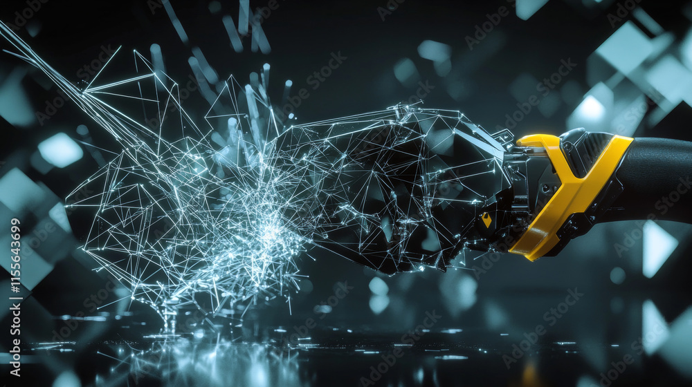 Poster hologram angle grinder. an angle grinder made of polygons, triangles of points and lines. angle grin
