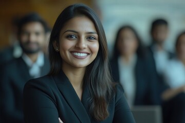 an Indian business woman smiling with her team in the background