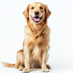 Golden retriever sitting on white background with happy expression