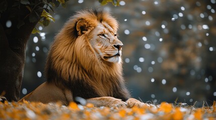 Majestic lion relaxing under tree in savannah landscape during sunny afternoon