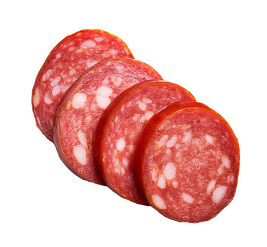 Salami Slices: A close-up of four perfectly sliced on transparent background,  salami rounds arranged in a pleasing pattern.  