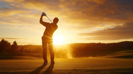 A silhouette of a golfer in mid-swing against a sunset backdrop with a golf course and distant hills visible