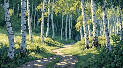 Sunlit path winding through a birch forest. (3)