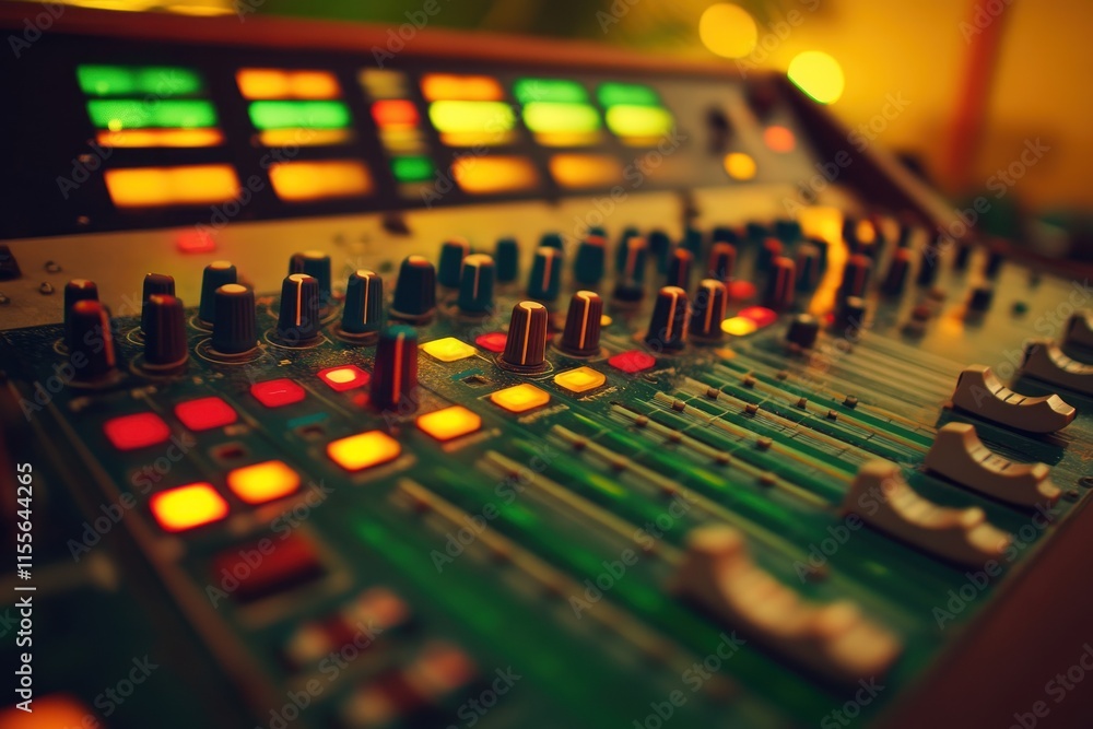 Poster Close-up of illuminated audio mixing console with faders and knobs.