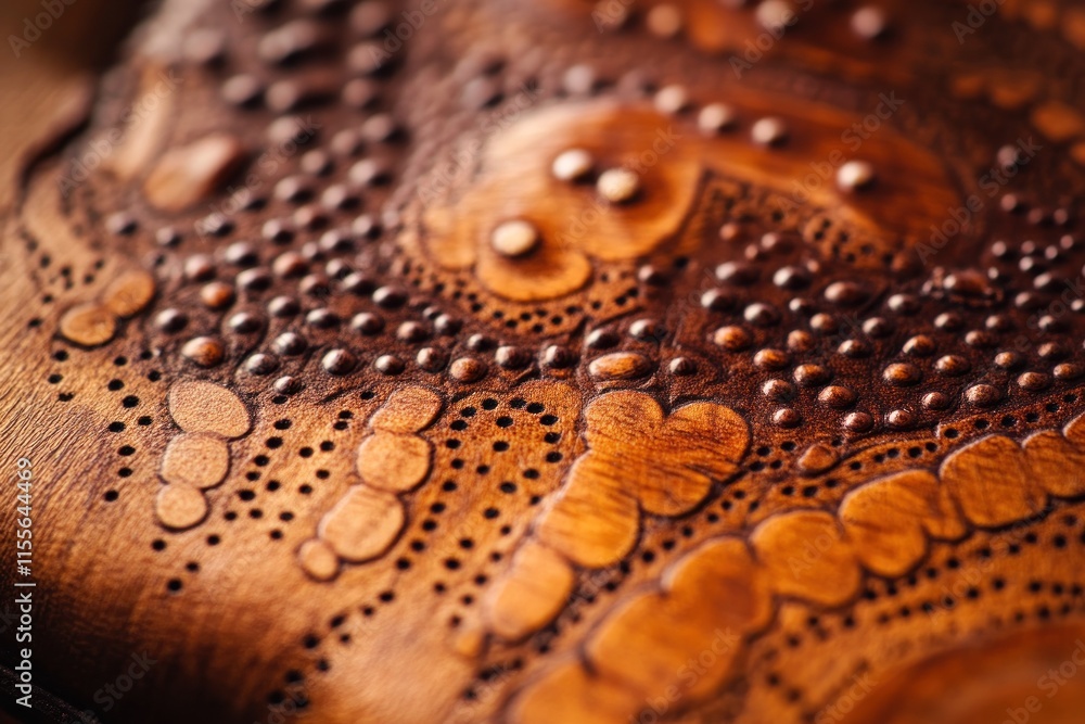 Aufkleber close-up of intricately carved wooden surface with detailed patterns and textures.