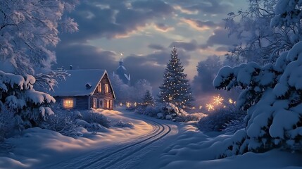 Fototapeta premium A picturesque snowy path under a light blue Christmas evening sky