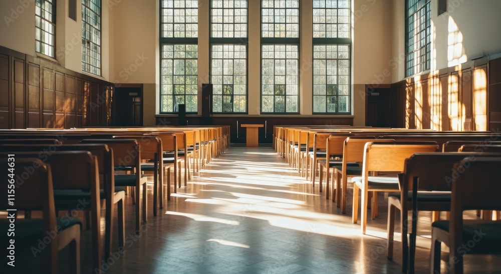 Aufkleber sunlit hall with rows of empty wooden chairs and large windows.