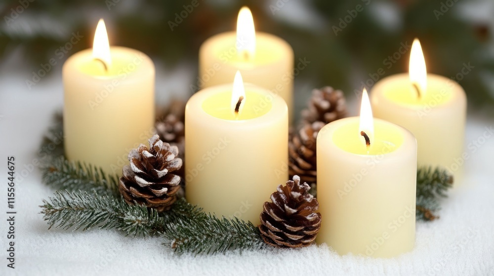 Poster five lit ivory candles arranged in a circle with pine cones and evergreen branches on a white surfac