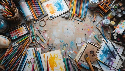 Fototapeta premium Artist's Worktable with Paints, Brushes, and Sketches