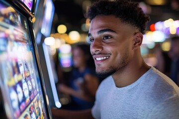 An enthusiastic young male is happily engaged with a slot machine in a lively casino setting, reflecting the joy and anticipation of gambling amidst vibrant screens and lights.