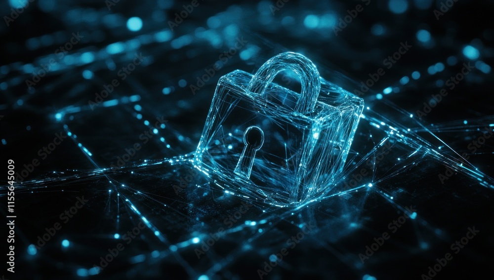 Poster futuristic glowing blue digital padlock on a dark network background representing cybersecurity and 